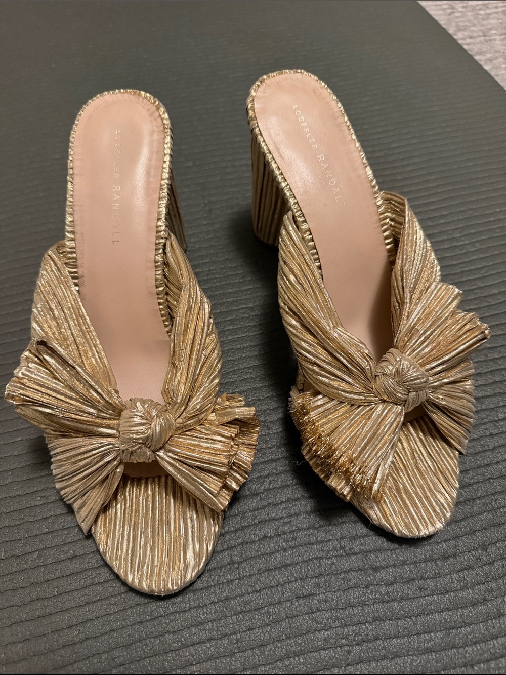 Loeffler Randall Metallic Gold Knotted Pleated Block Heel sandals size 11